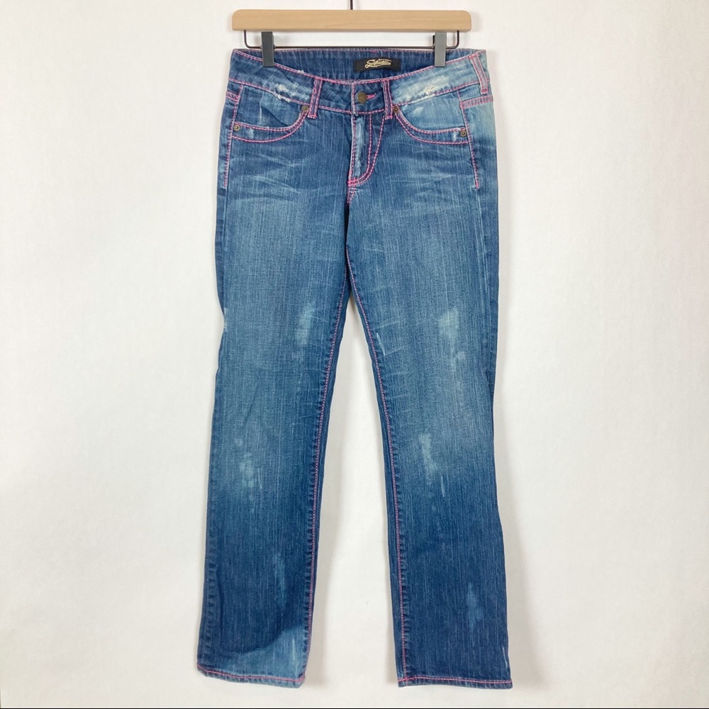 Serfontaine distressed straight leg jeans with thick pink stitching